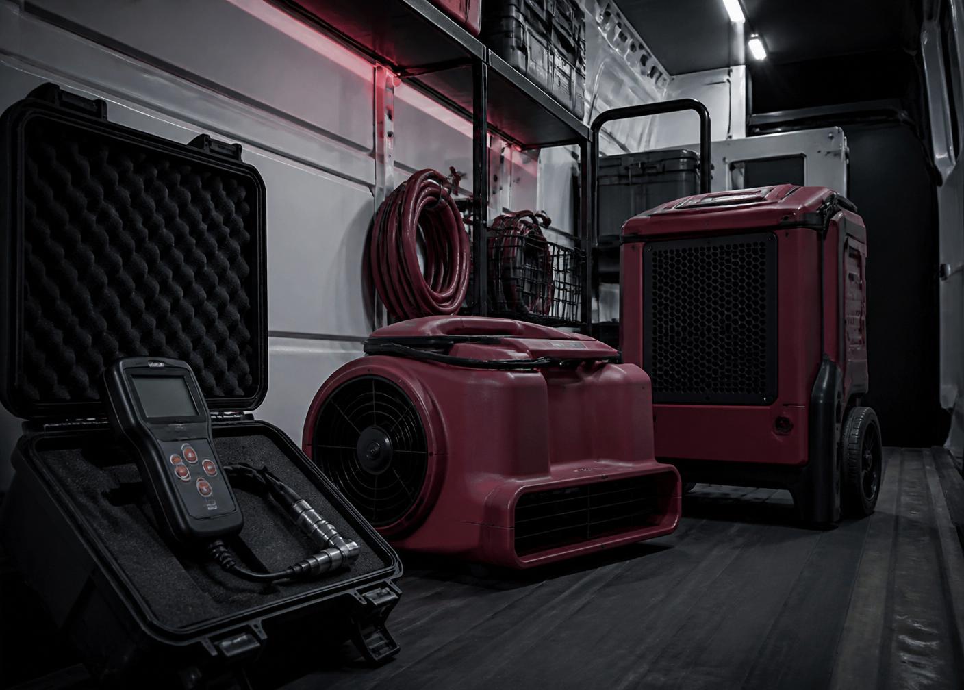 Professional restoration equipment staged in a service vehicle